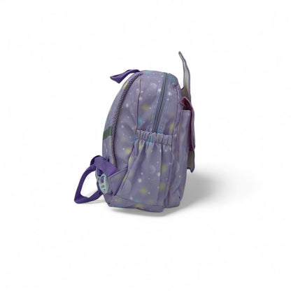 Purple kids backpack with star pattern, bow strap, and side zipper pocket