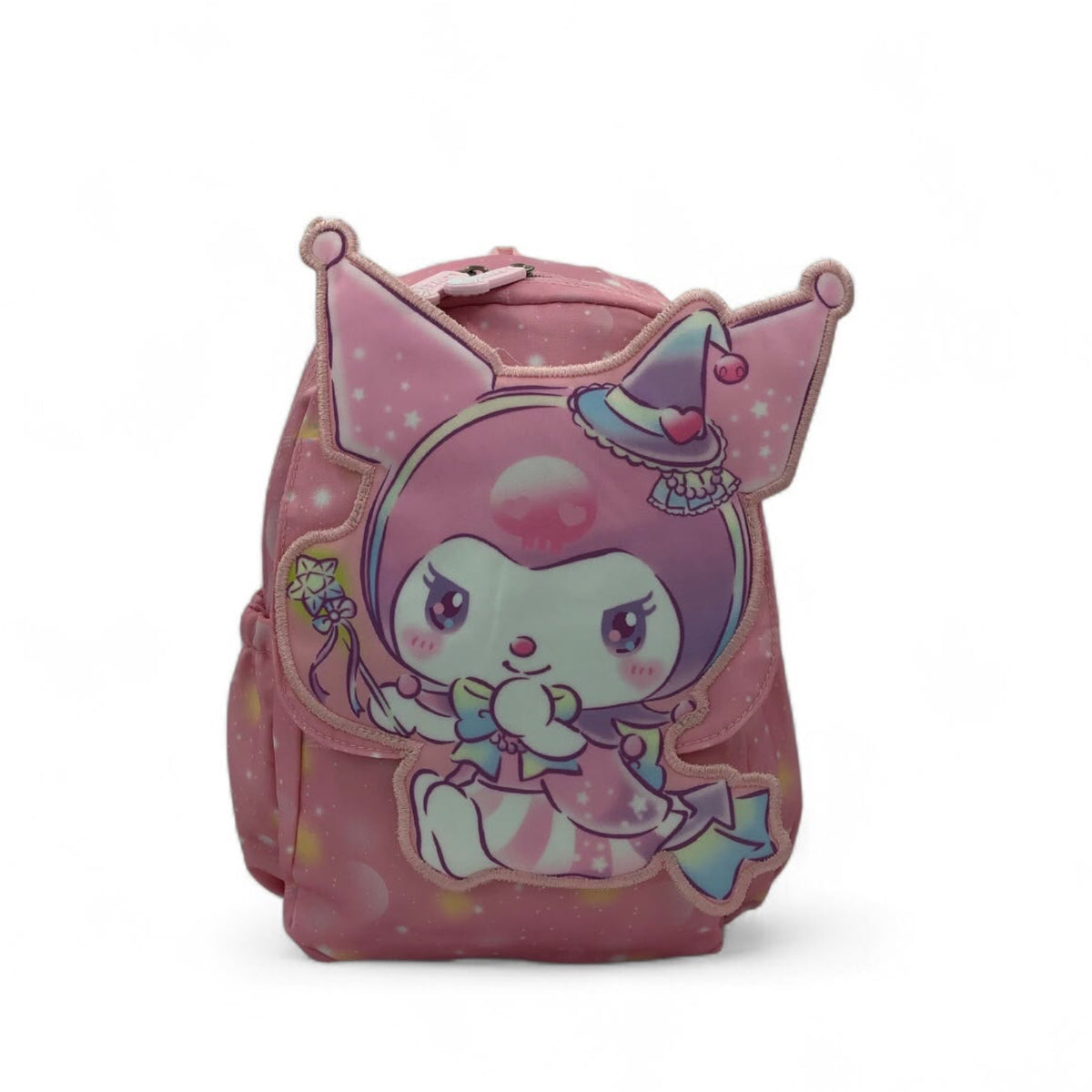 Pink kids backpack with large front character face graphic and bow details