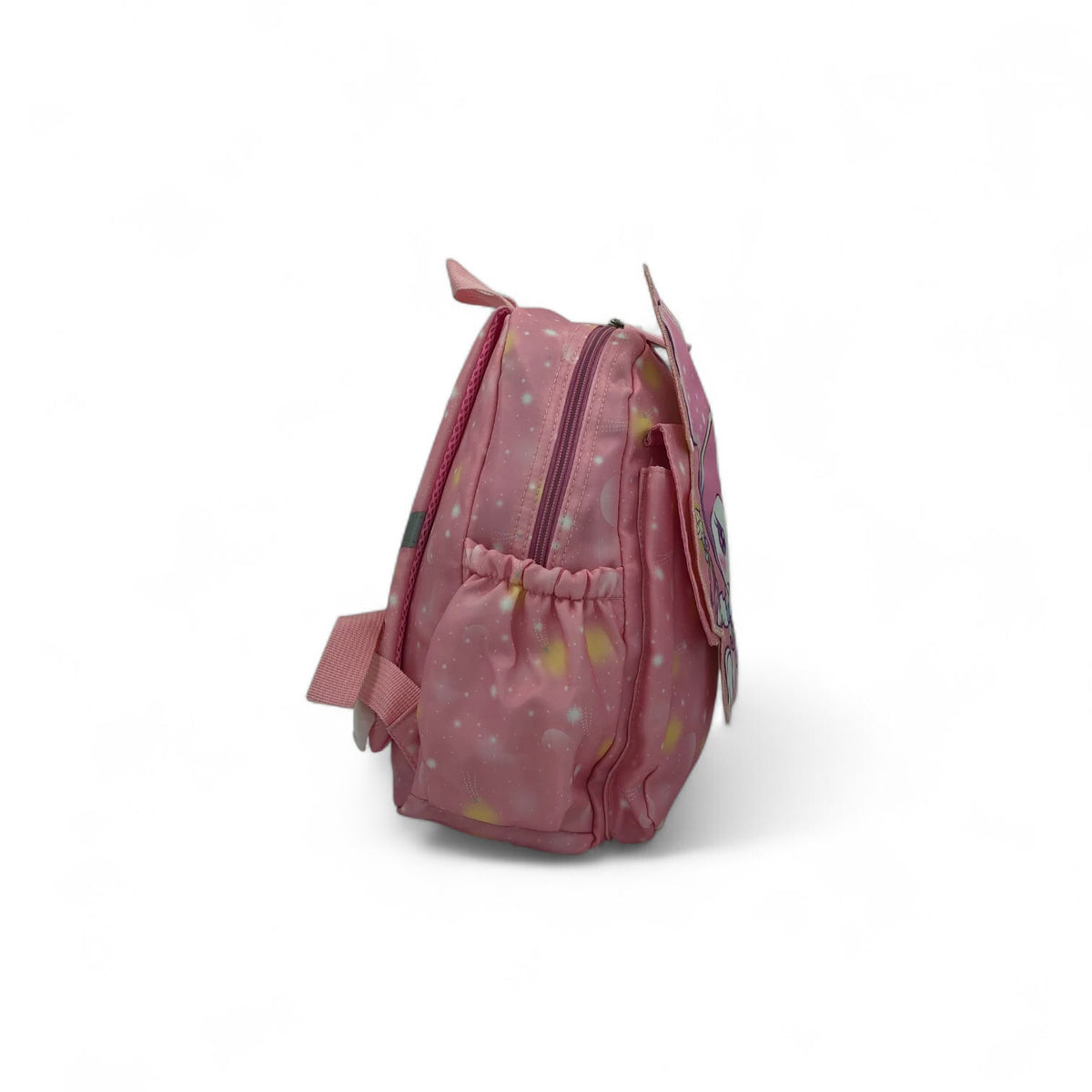 Pink kids backpack side view with adjustable straps and top carrying handle