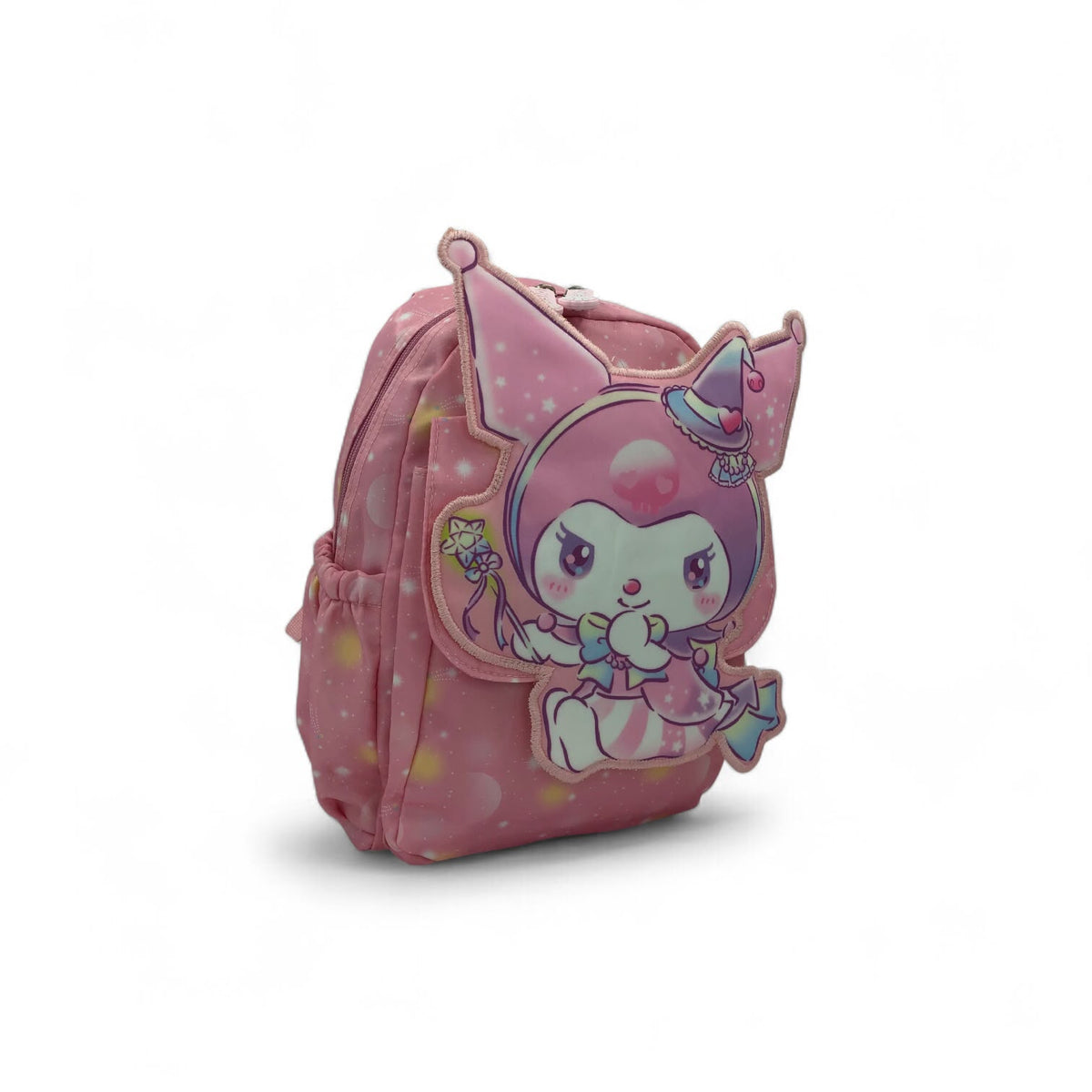 Pink kids backpack with front character graphic and side pocket details