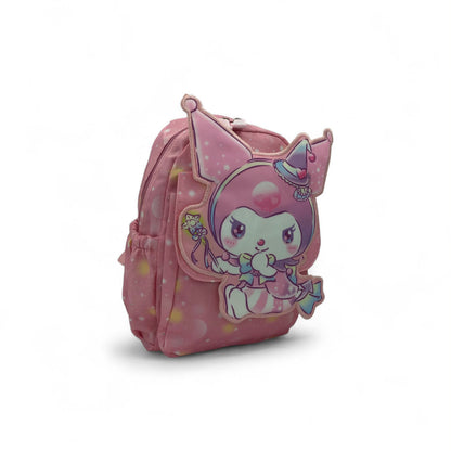 Pink kids backpack with front character graphic and side pocket details