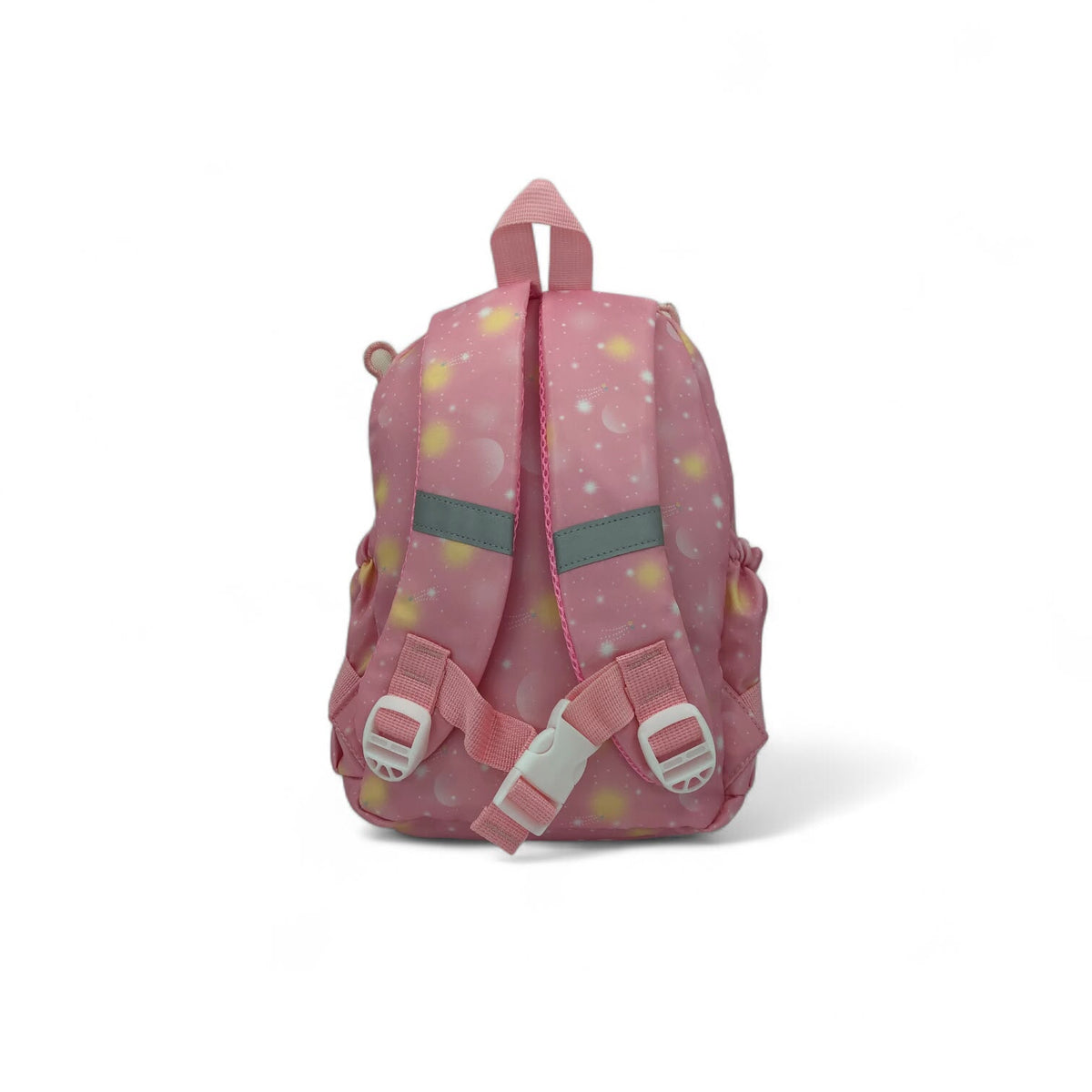Pink kids backpack with cat witch character patch and adjustable shoulder straps