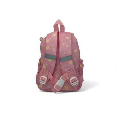 Pink kids backpack with cat witch character patch and adjustable shoulder straps