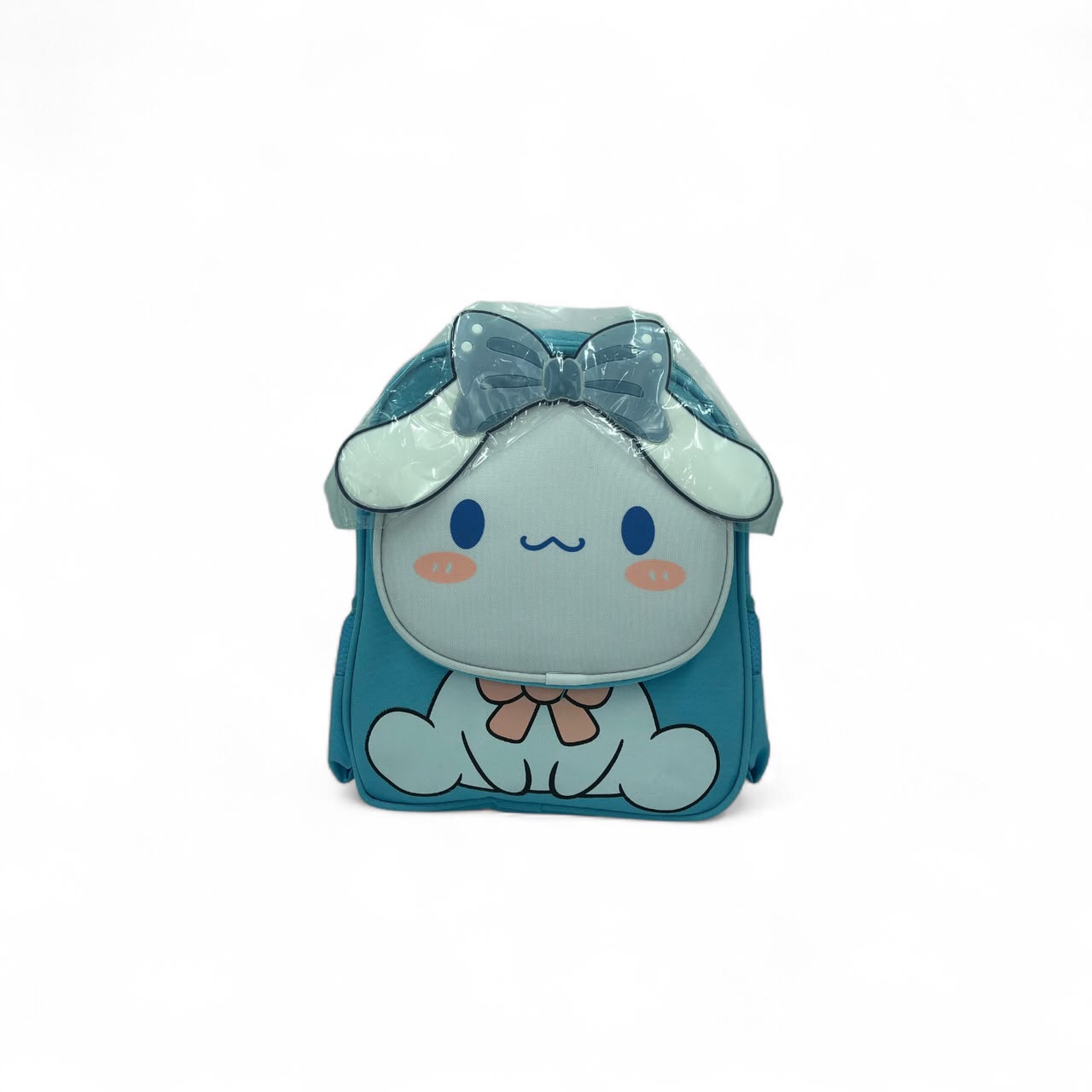 Kids blue backpack with Cinnamoroll ear-shaped flap, bow, and cute face graphic