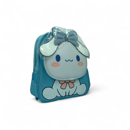 Kids blue backpack with Cinnamoroll face flap and large bow on front pocket