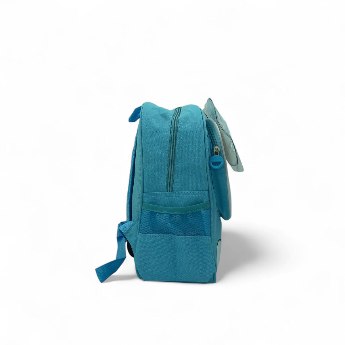Kids blue backpack side view with small pocket and hanging bow charm