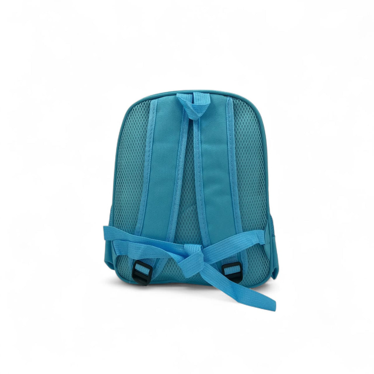 Kids blue backpack with padded mesh back and adjustable front strap with buckle