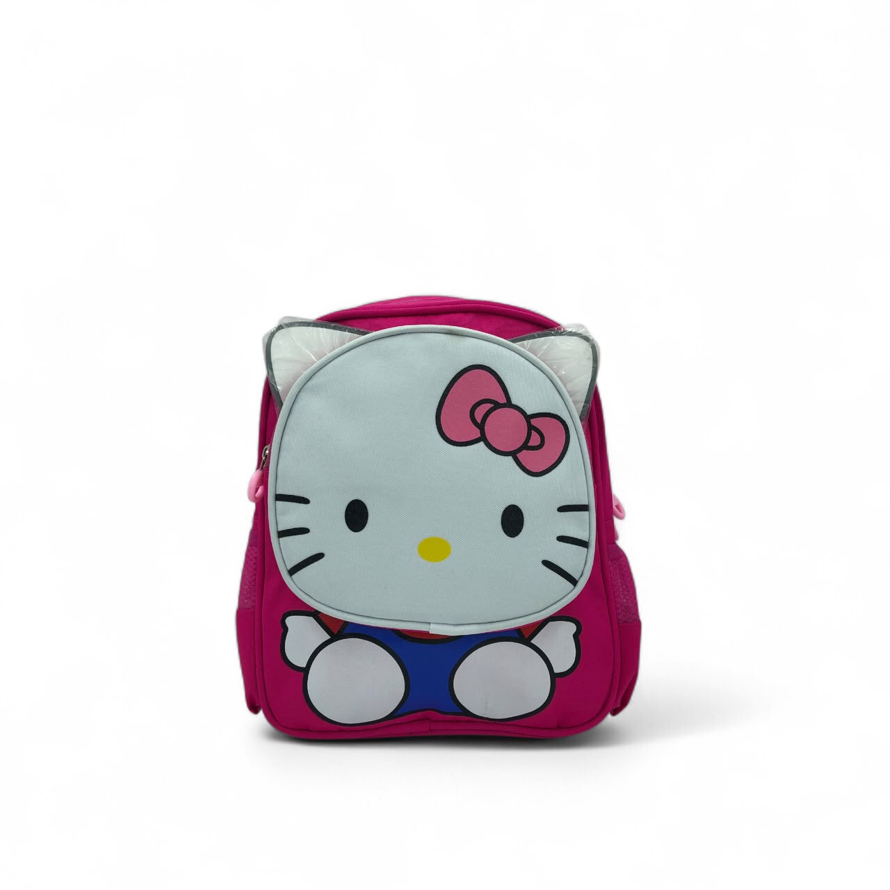 Hot pink kids backpack with 3D Hello Kitty face, bow detail, and padded handle