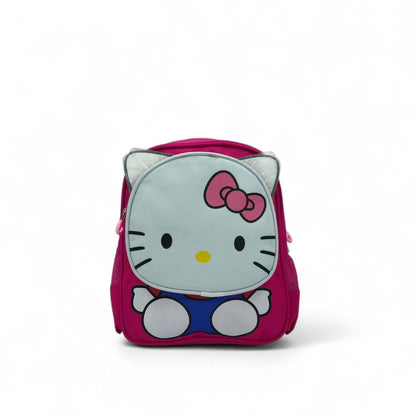 Hot pink kids backpack with 3D Hello Kitty face, bow detail, and padded handle