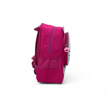 Hot pink kids backpack with side pocket, adjustable strap, and zipper pull