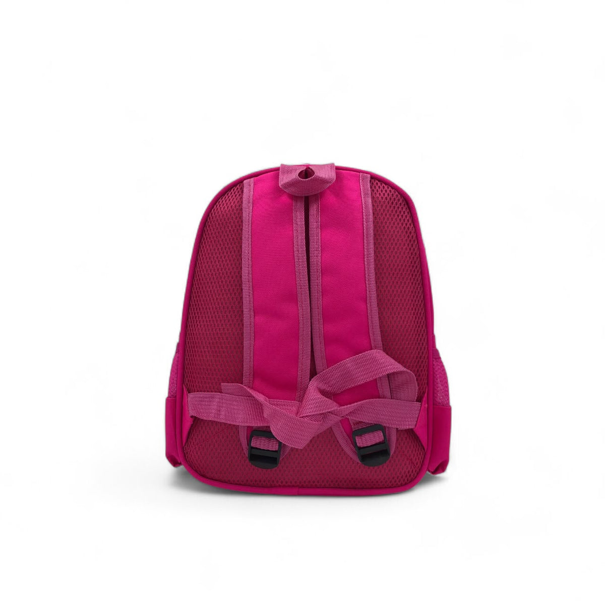 Hot pink kids backpack with mesh side panels, front straps, and zipper