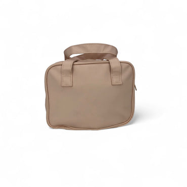 Beige travel vanity case with two top carry handles and compact rounded shape.