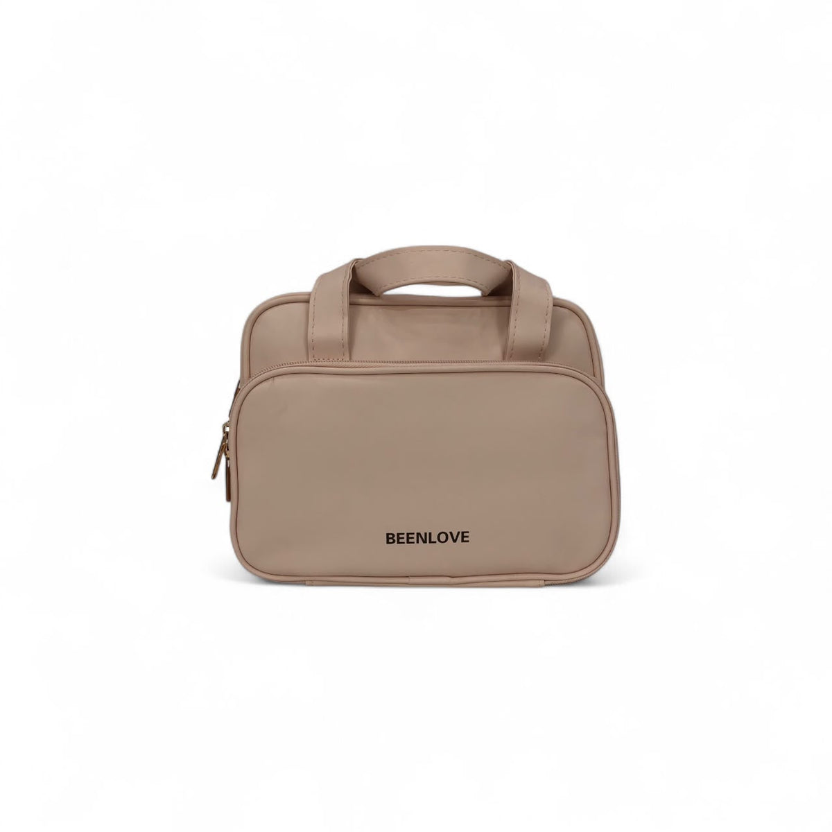 Beige travel vanity case with top handle, front zipper, BEELNOVE logo.