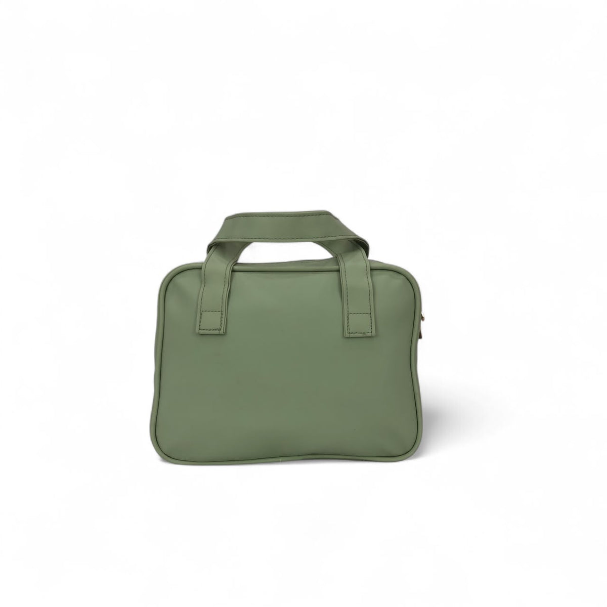 Green travel vanity case with top carry handles and rounded compact design.