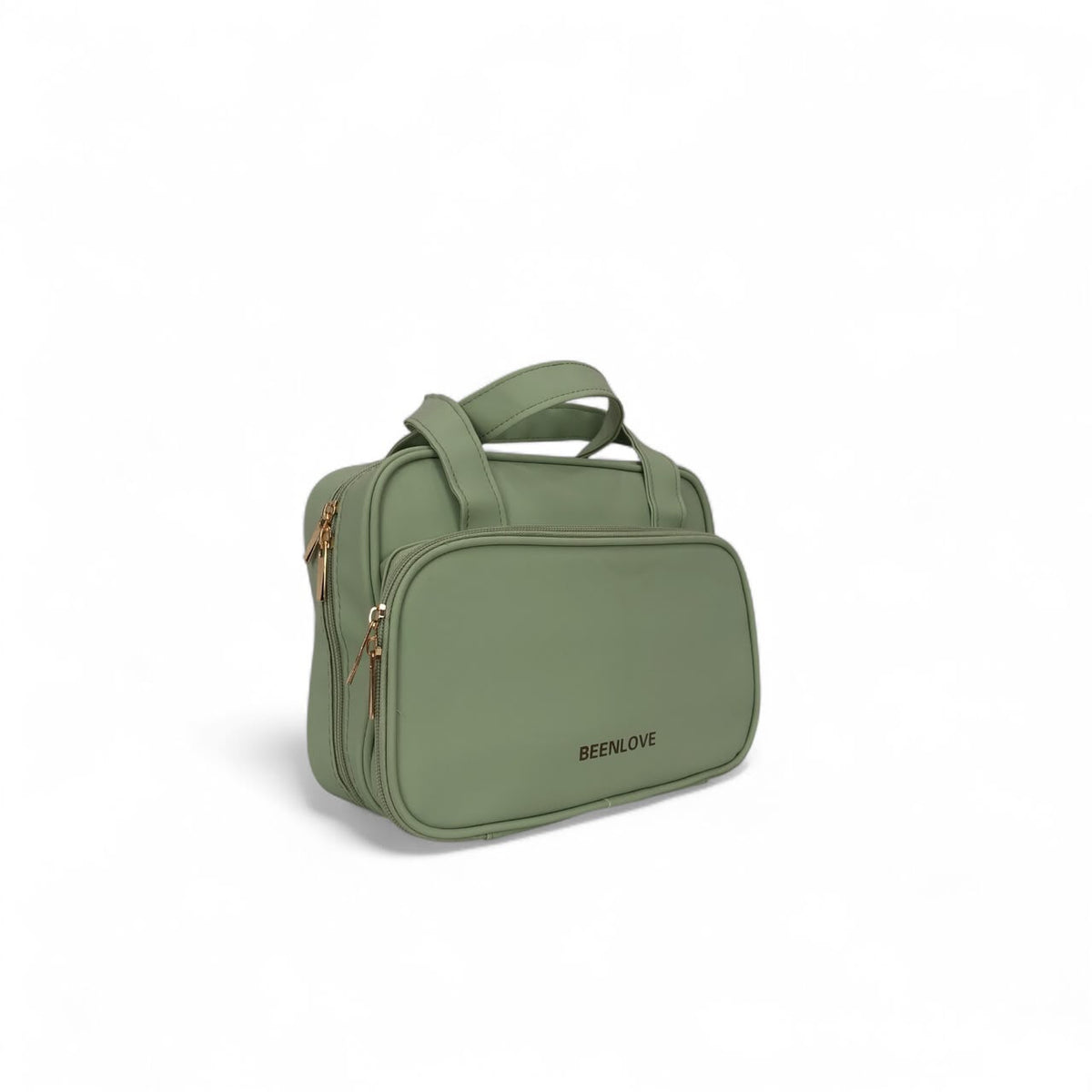 Green travel vanity case with side zipper and top handle, BEELNOVE logo.