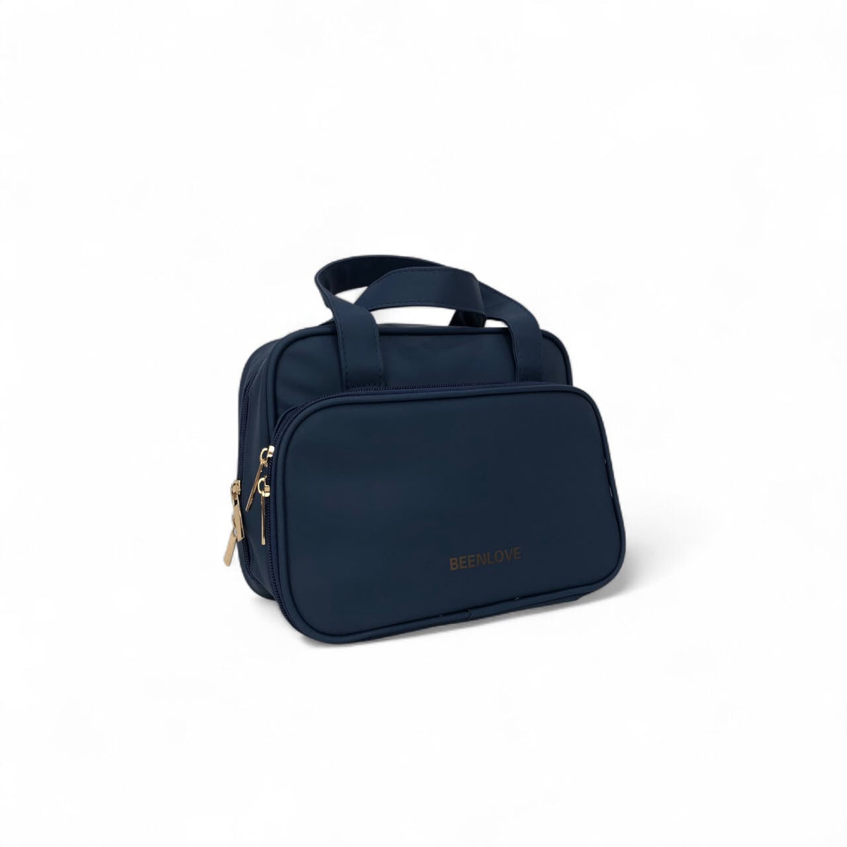 Navy travel vanity case with side zipper and top handle, BEELNOVE logo.