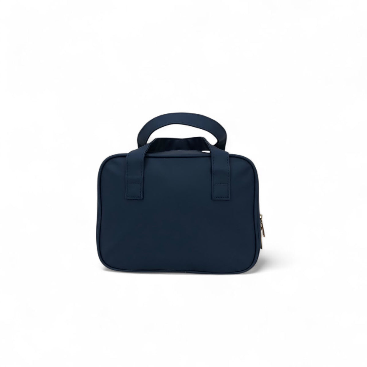 Navy travel vanity case with two top carry handles and compact rounded shape.