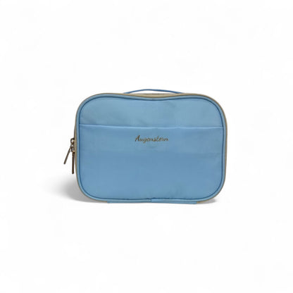 Light blue zippered toiletry bag with side zipper, handle loop, embroidered logo