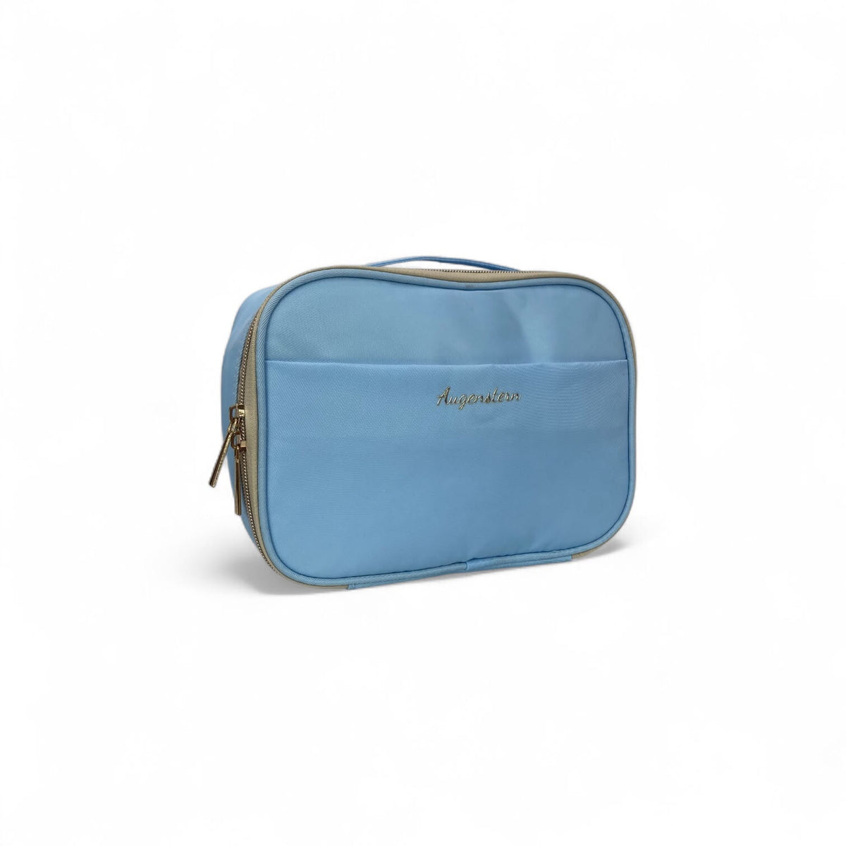 Light blue zippered toiletry bag with handle, embroidered logo, compact travel case