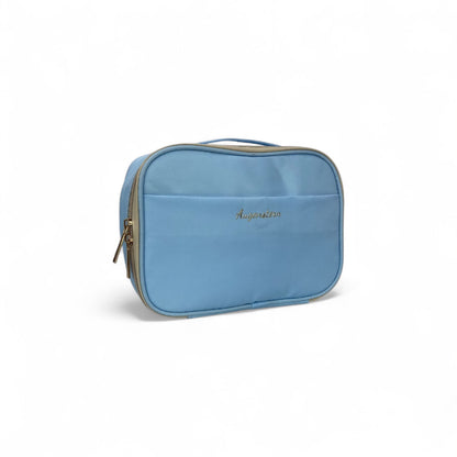 Light blue zippered toiletry bag with handle, embroidered logo, compact travel case
