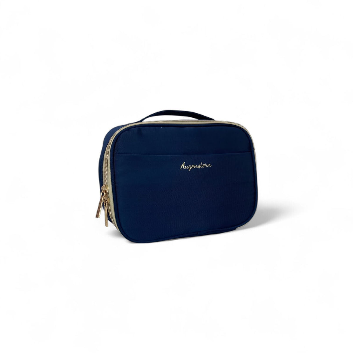 Navy zippered toiletry bag with side zipper and handle loop, embroidered logo