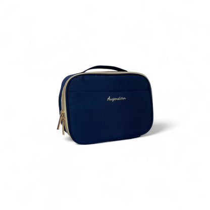 Navy zippered toiletry bag with side zipper and handle loop, embroidered logo