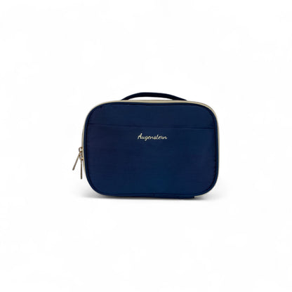 Navy zippered toiletry bag with top handle, embroidered logo, compact travel case