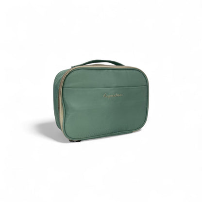 Green zippered toiletry bag with side zipper, handle loop, embroidered logo