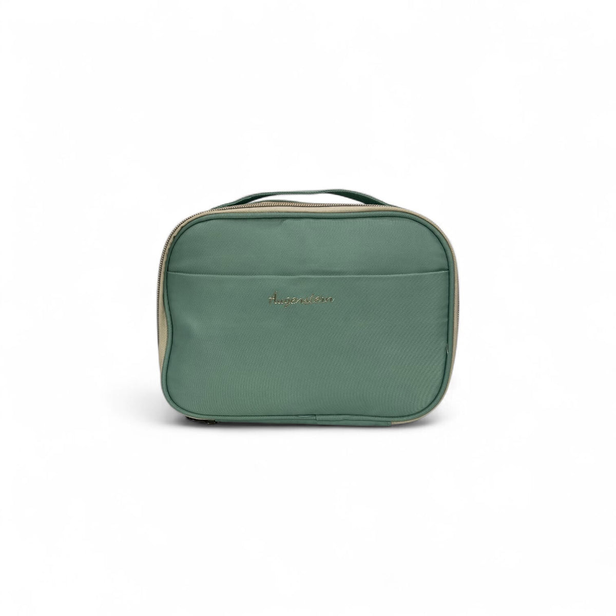 Green zippered toiletry bag with handle and embroidered logo, compact travel case