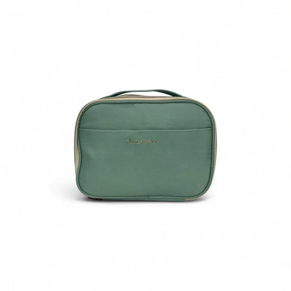 Green zippered toiletry bag with handle and embroidered logo, compact travel case