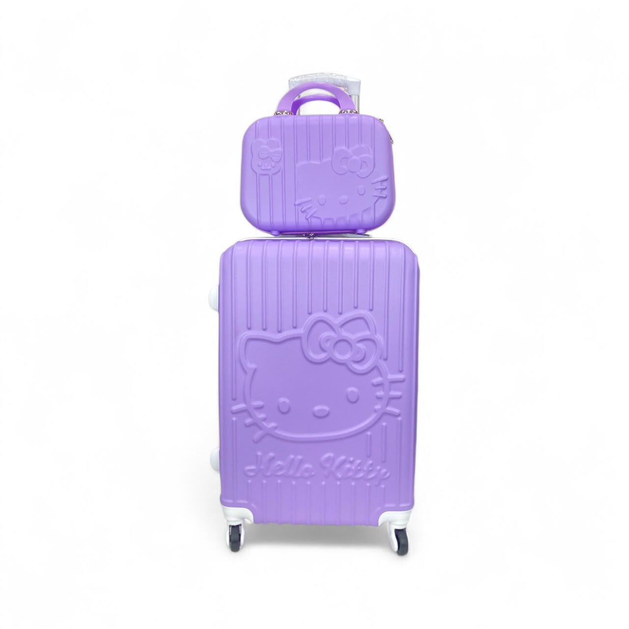 Purple Hello Kitty mini suitcase with top handle and matching compact vanity case