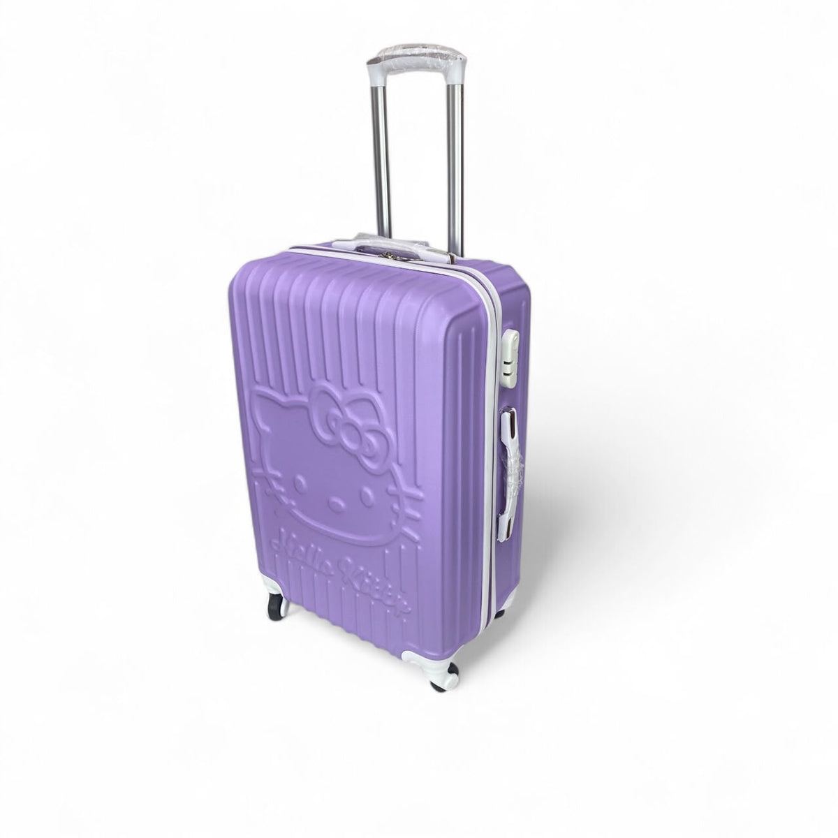 Purple Hello Kitty hard-shell suitcase with side zippers and retractable handle