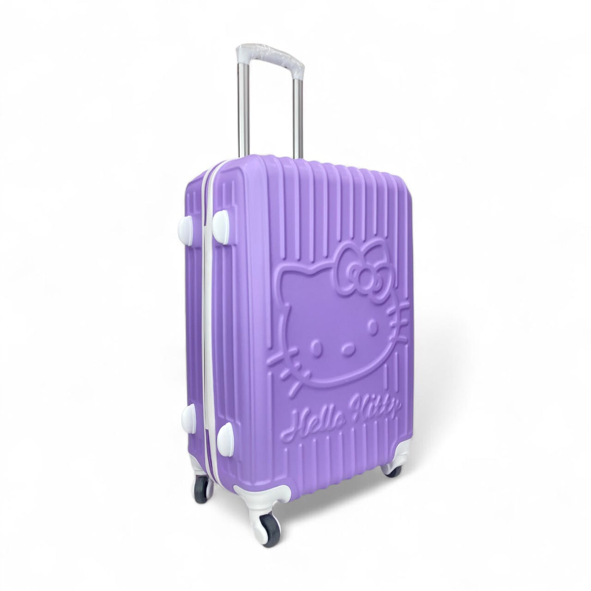 Purple Hello Kitty hard-shell spinner suitcase with retractable handle and 4 wheels