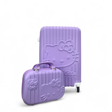 Purple embossed Hello Kitty spinner luggage set with matching vanity case