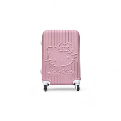 Pink Hello Kitty embossed spinner suitcase, rear view with four wheels