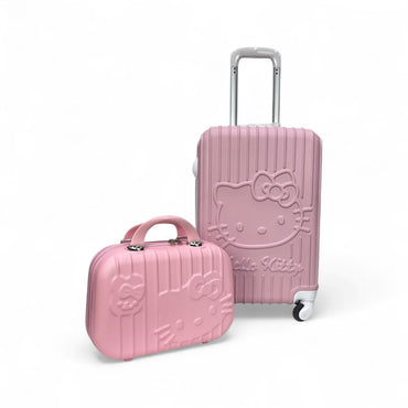Pink spinner luggage set with embossed Hello Kitty on suitcase and carry-on cases