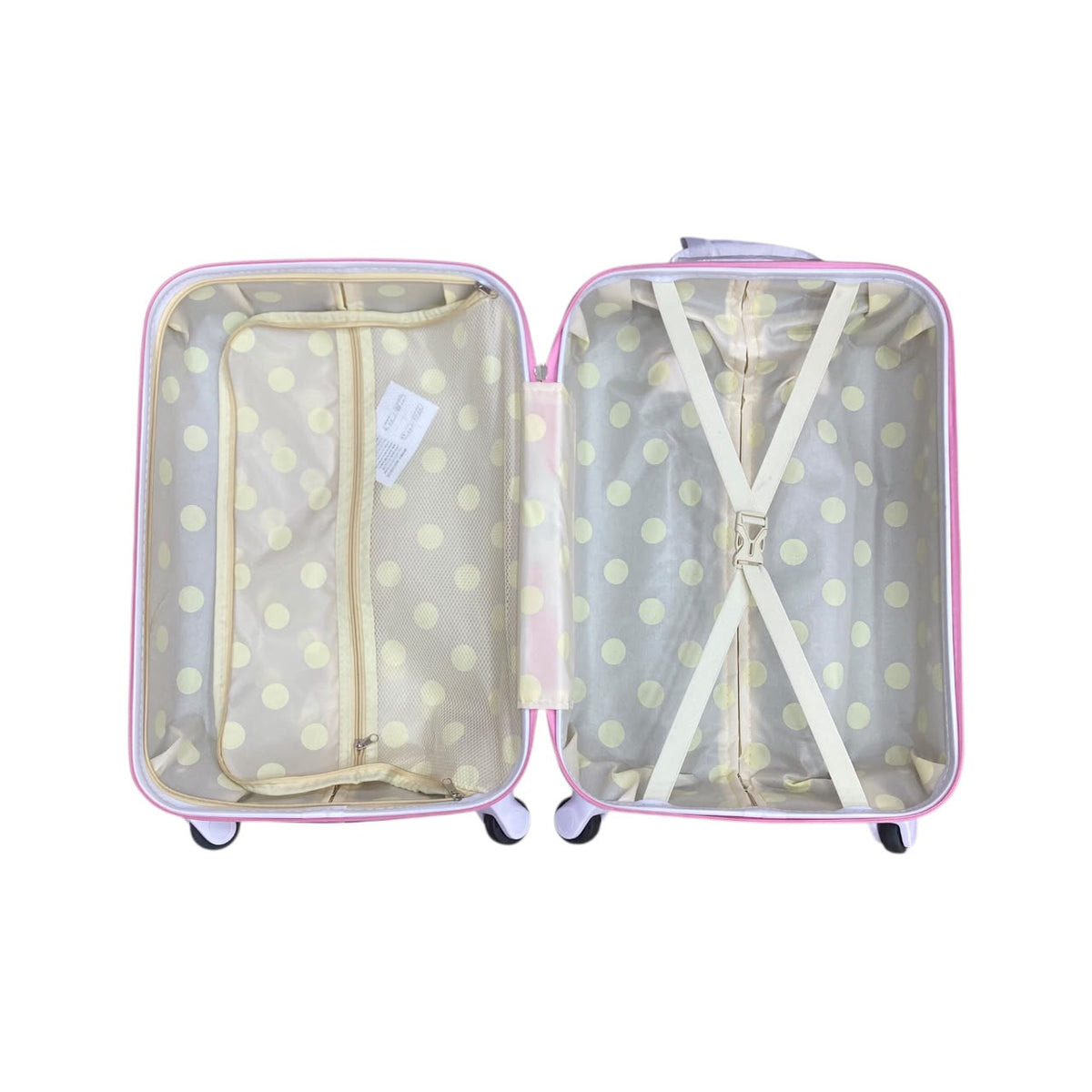 Pink 2-piece spinner luggage set with Hello Kitty pattern, open interior compartments