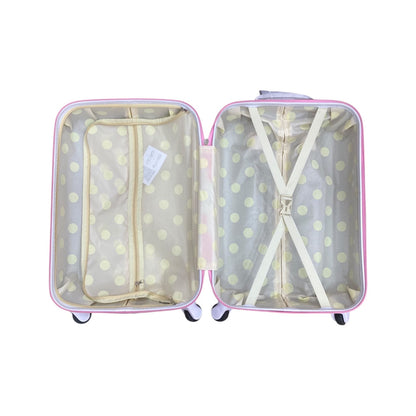 Pink 2-piece spinner luggage set with Hello Kitty pattern, open interior compartments