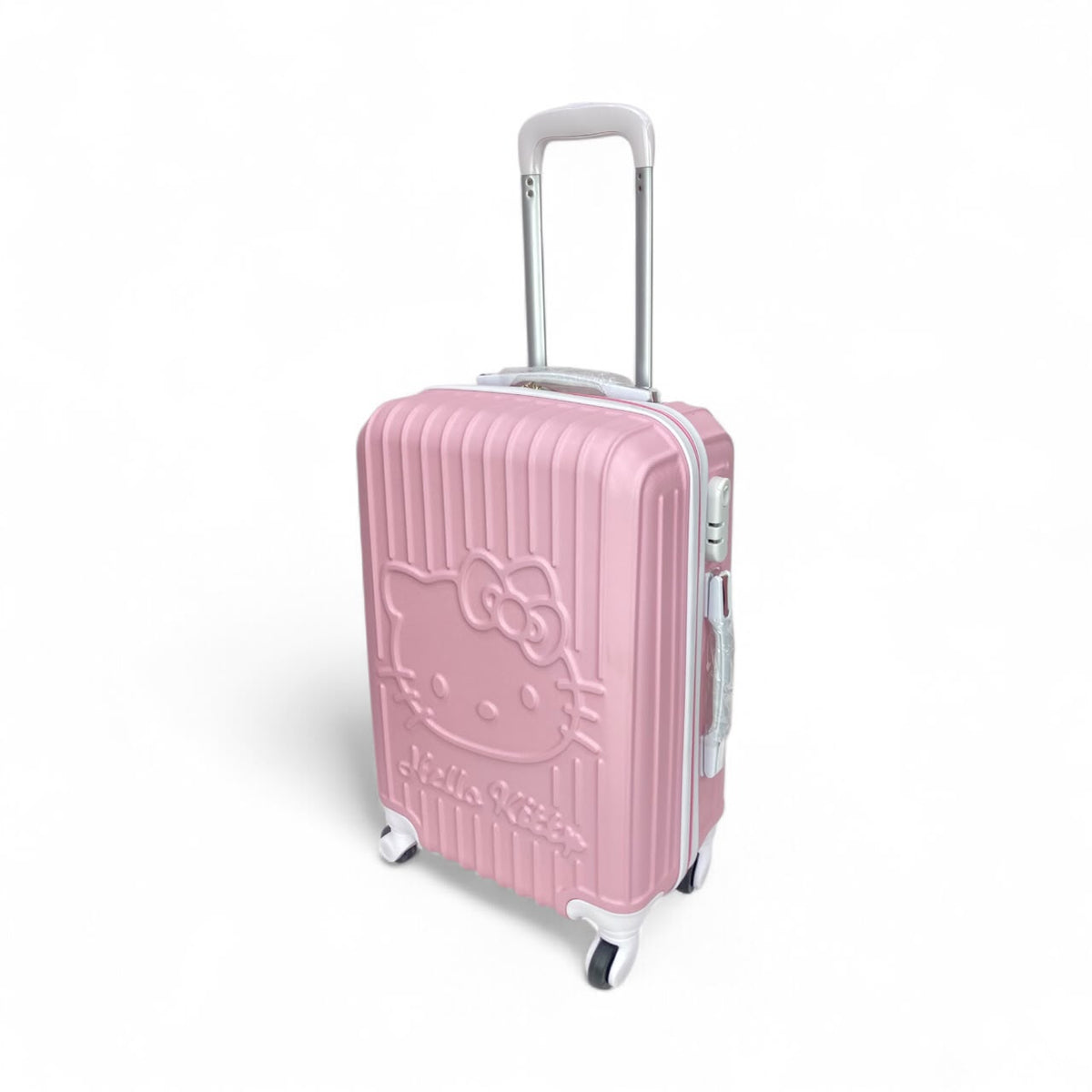 Pink Hello Kitty embossed spinner suitcase with side handle and zipper pull detail