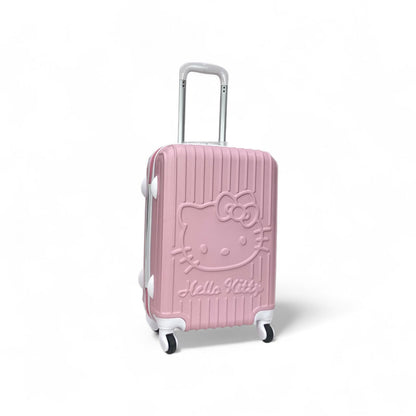 Pink Hello Kitty embossed spinner suitcase, front view with carry handle and wheels