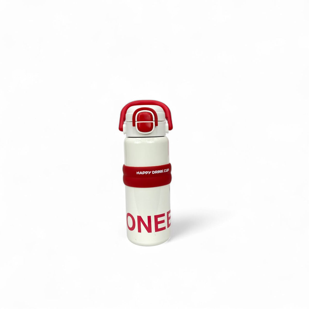 Kids' stainless steel water bottle with red handle and leak-resistant lid, white body