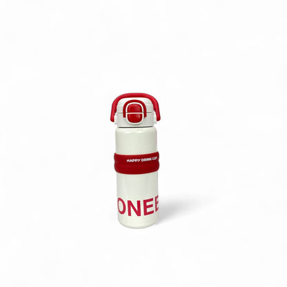Kids' stainless steel water bottle with red handle and leak-resistant lid, white body