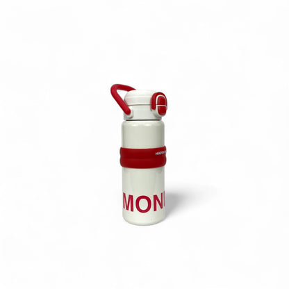 Kids' stainless steel water bottle with red handle and leak-resistant lid, white body