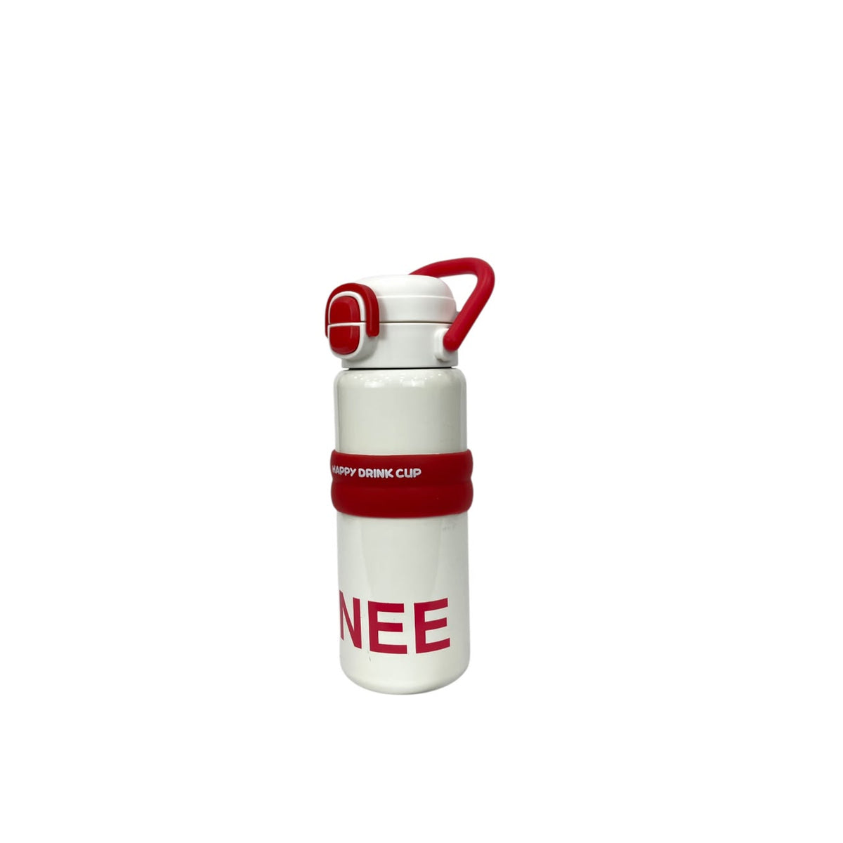 Kids stainless steel water bottle with red handle and red lid, white bottle body