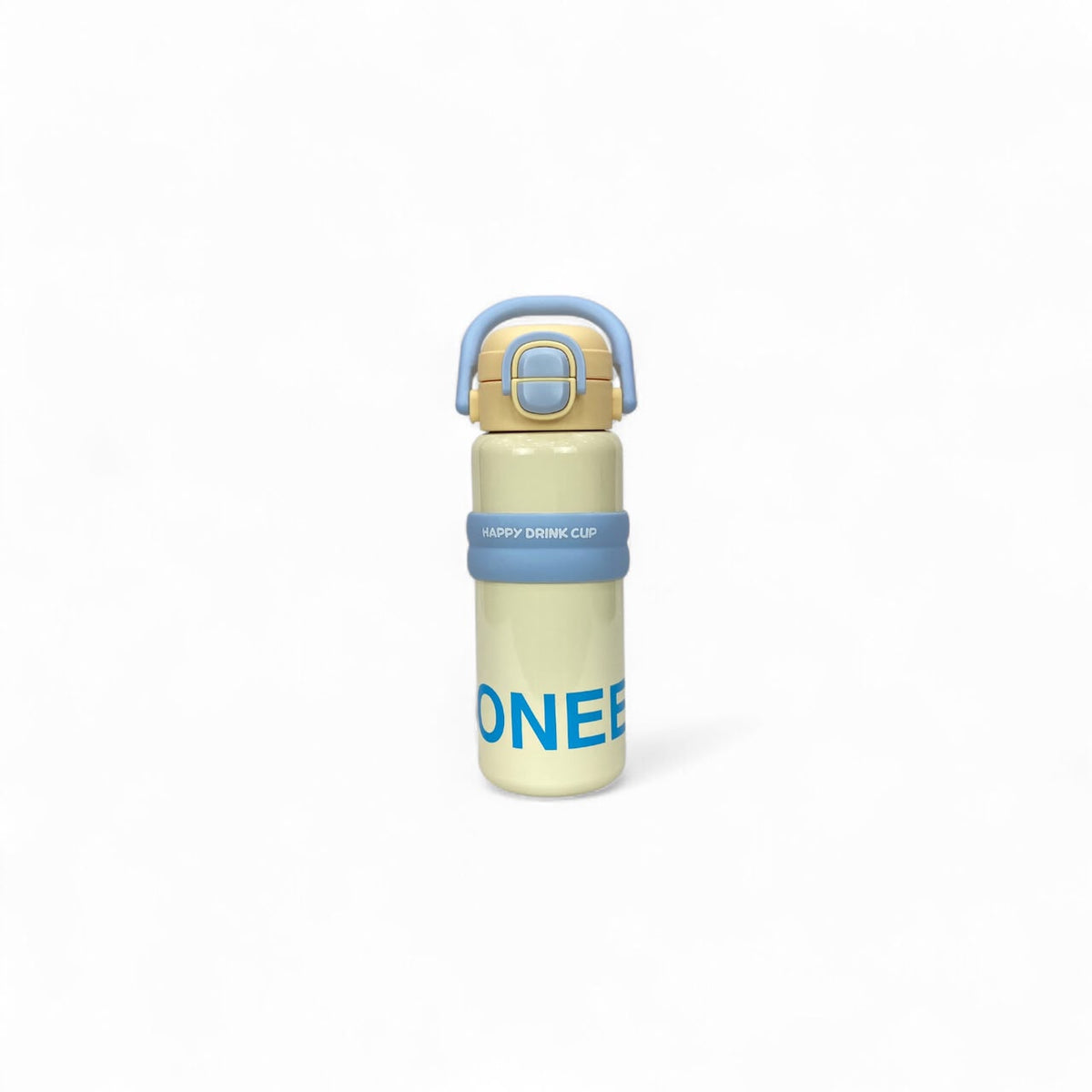 Kids stainless steel water bottle with yellow handle and yellow body, closed flip-top