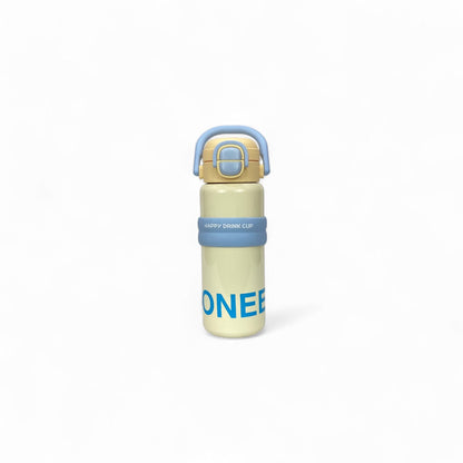 Kids stainless steel water bottle with yellow handle and yellow body, closed flip-top