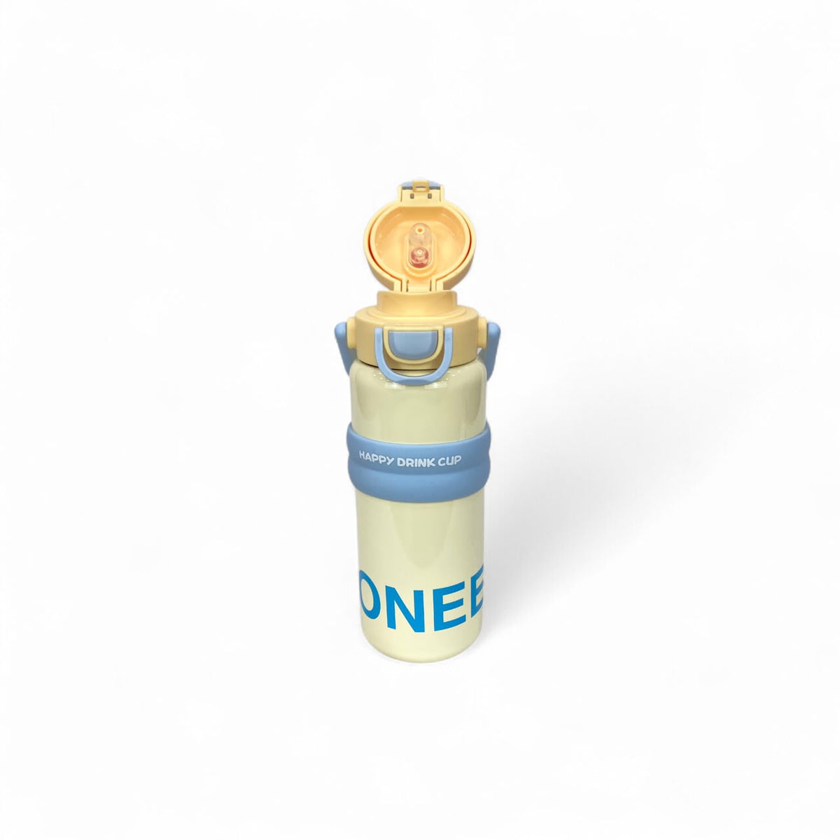 Kids stainless steel water bottle with yellow handle and open flip-top lid, front view