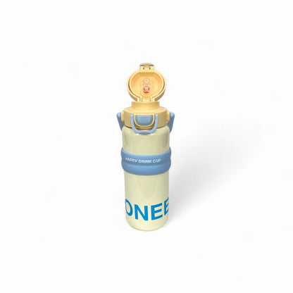 Kids stainless steel water bottle with yellow handle and open flip-top lid, front view