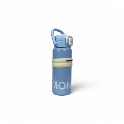 Kids stainless steel water bottle with blue handle and pale band around cap, angled view