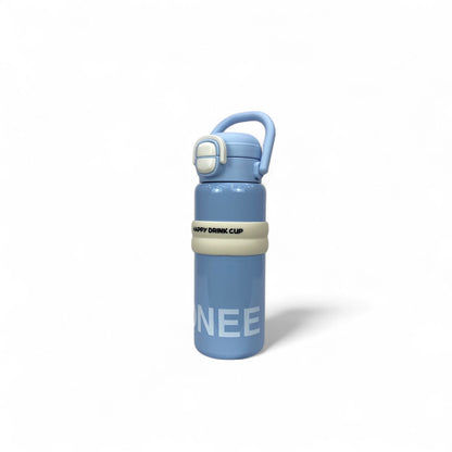 Kids stainless steel water bottle with blue handle and blue body, side angle
